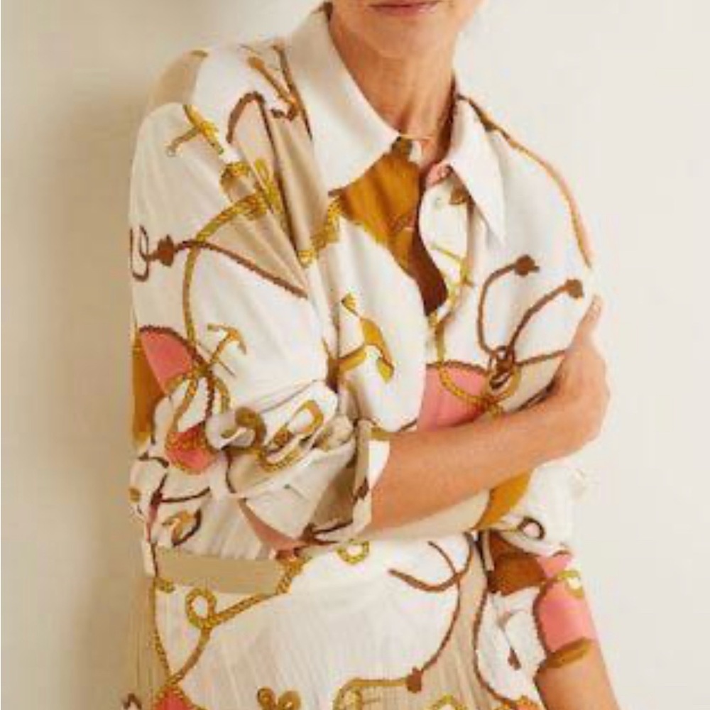 Elegant Chain Print Blouse - White, Pink, Gold